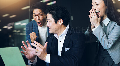 Buy stock photo Success, applause and business people with laptop, surprise and achievement with b2b deal. Group, happy employees and coworkers in office, congratulations and clapping with smile, pc and Japan