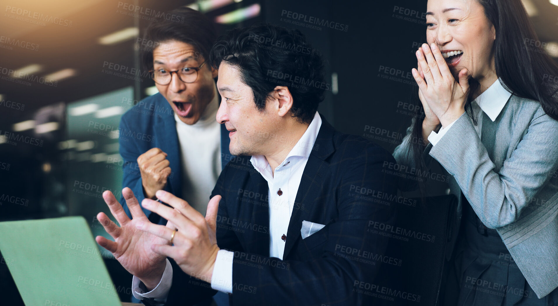 Buy stock photo Success, applause and business people with laptop, surprise and achievement with b2b deal. Group, happy employees and coworkers in office, congratulations and clapping with smile, pc and Japan