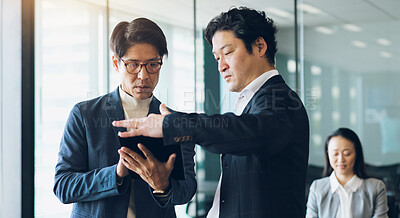 Buy stock photo Tablet, teamwork and review with business people in Japanese office for planning, feedback and digital report. Network, brainstorming and proposal with asian employees in agency for research project