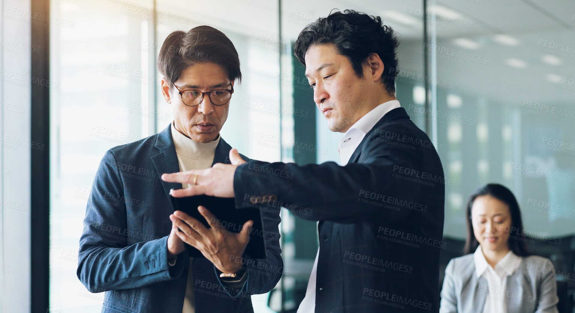 Buy stock photo Tablet, teamwork and review with business people in Japanese office for planning, feedback and digital report. Network, brainstorming and proposal with asian employees in agency for research project