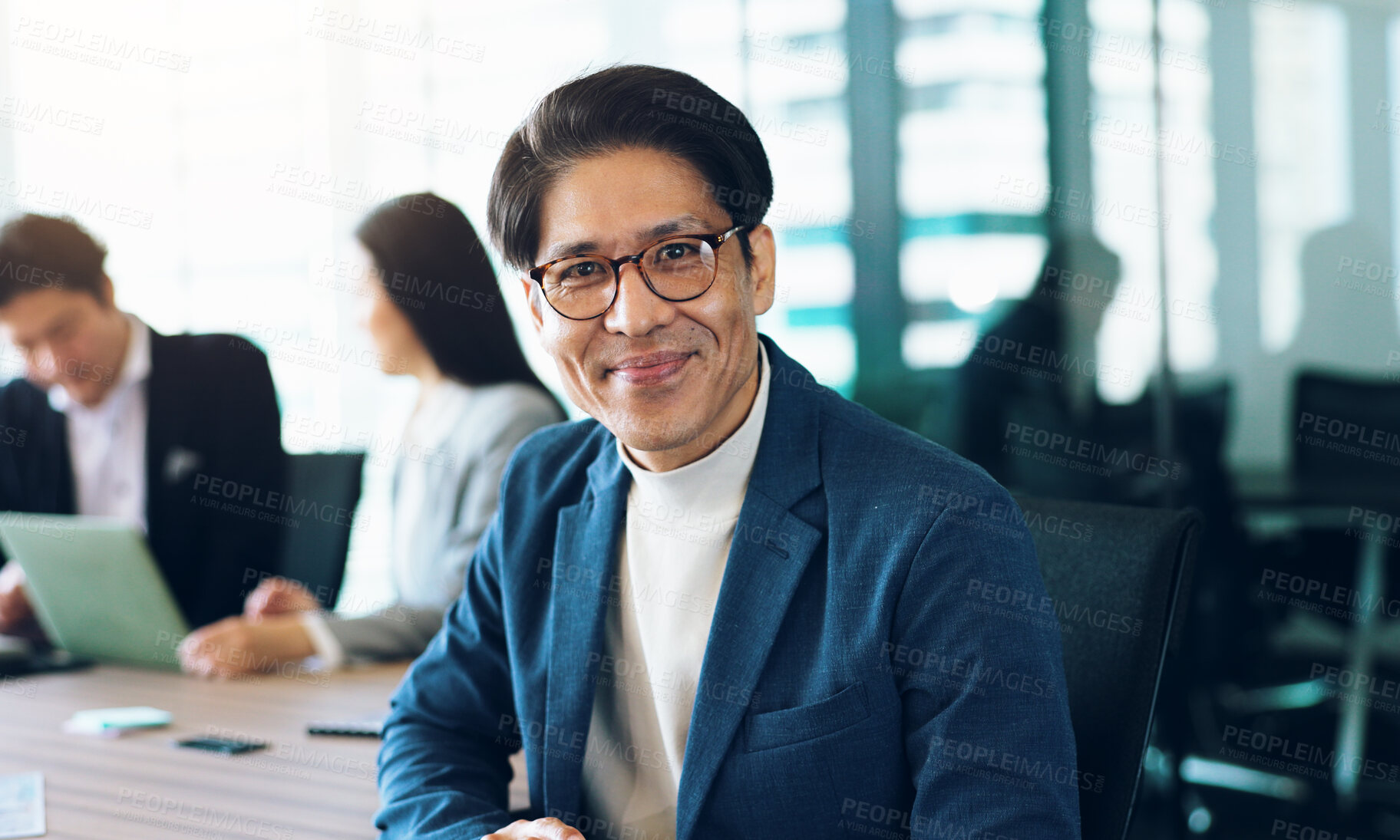 Buy stock photo Portrait, Japanese businessman and pride in meeting for teamwork, collaboration and networking. Male person, happy and office as project manager for architecture firm with confidence, smile and staff