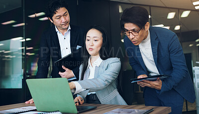 Buy stock photo Planning, group and colleagues with laptop, office and collaboration for media strategist and online. Reading, professional and teamwork for campaign, digital and ads for business people and Japan