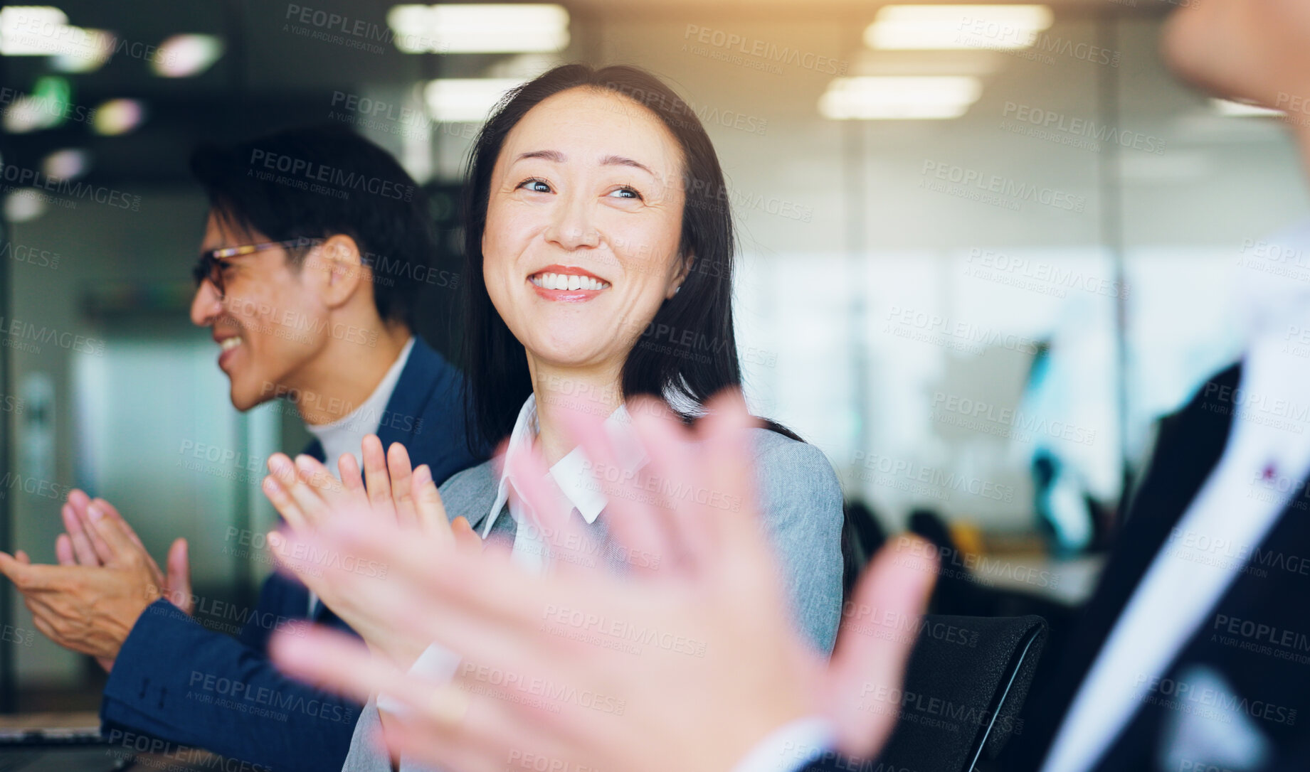 Buy stock photo Japan, applause and business people in meeting, woman and achievement with success. Group, employees and coworkers in modern office, congratulations and clapping with smile, celebration and happiness