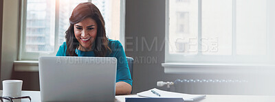 Buy stock photo Business, female financial advisor and laptop in office to review clients saving plan, reading profit data and revenue. Banner, woman and happy at desk for wealth management or investment strategy