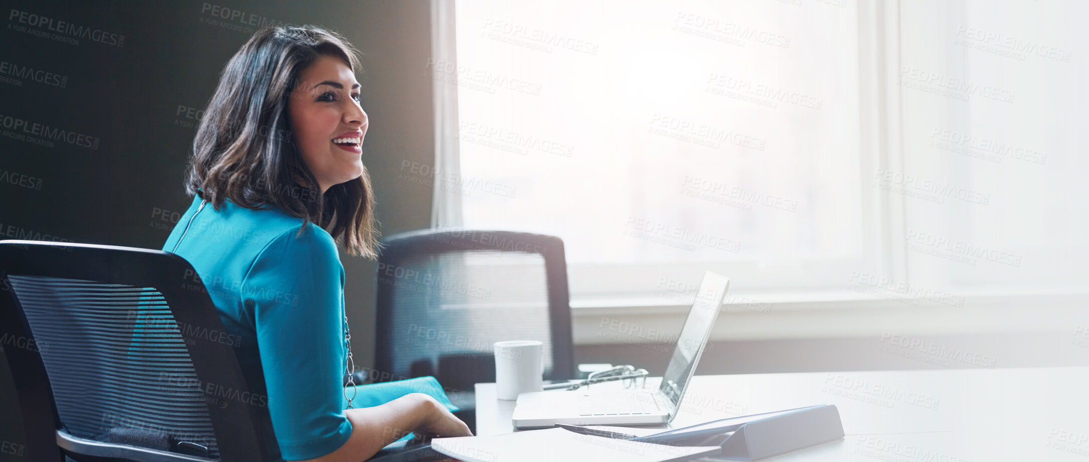 Buy stock photo Idea, happy and business woman in office for inspiration, opportunity and laptop in startup. Future, smile and worker thinking of creative solution, insight or content writer with vision on banner