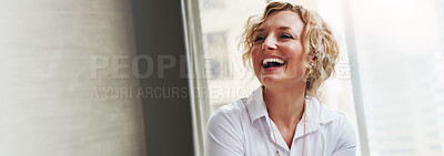 Buy stock photo Thinking, excited and business woman in office for inspiration, investment opportunity and banner. Planning future, laugh or happy worker with vision, funny ideas or professional insight for solution