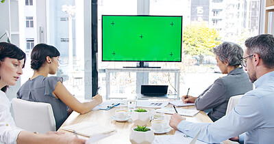 Buy stock photo Green screen, seminar and video call with business people in boardroom of office for development. Mockup space, presentation and tracking markers in corporate workplace for webinar on display