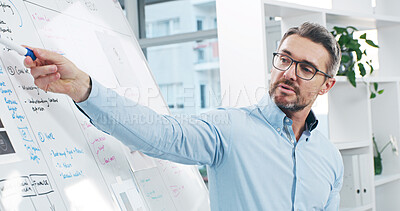 Buy stock photo Presentation, meeting and businessman with whiteboard in office for project analysis at training. Planning, boardroom and professional male speaker with checklist explanation for corporate workshop.