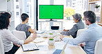 Green screen, meeting and video call with business people in boardroom of office for development. Mockup space, monitor and tracking markers in corporate workplace for upskill training or webinar