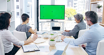 Buy stock photo Green screen, meeting and video call with business people in boardroom of office for development. Mockup space, monitor and tracking markers in corporate workplace for upskill training or webinar
