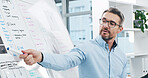 Presentation, meeting and businessman with whiteboard in office for corporate project analysis. Planning, research and professional presenter with information for checklist for training in workplace.