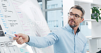 Buy stock photo Presentation, meeting and businessman with whiteboard in office for corporate project analysis. Planning, research and professional presenter with information for checklist for training in workplace.