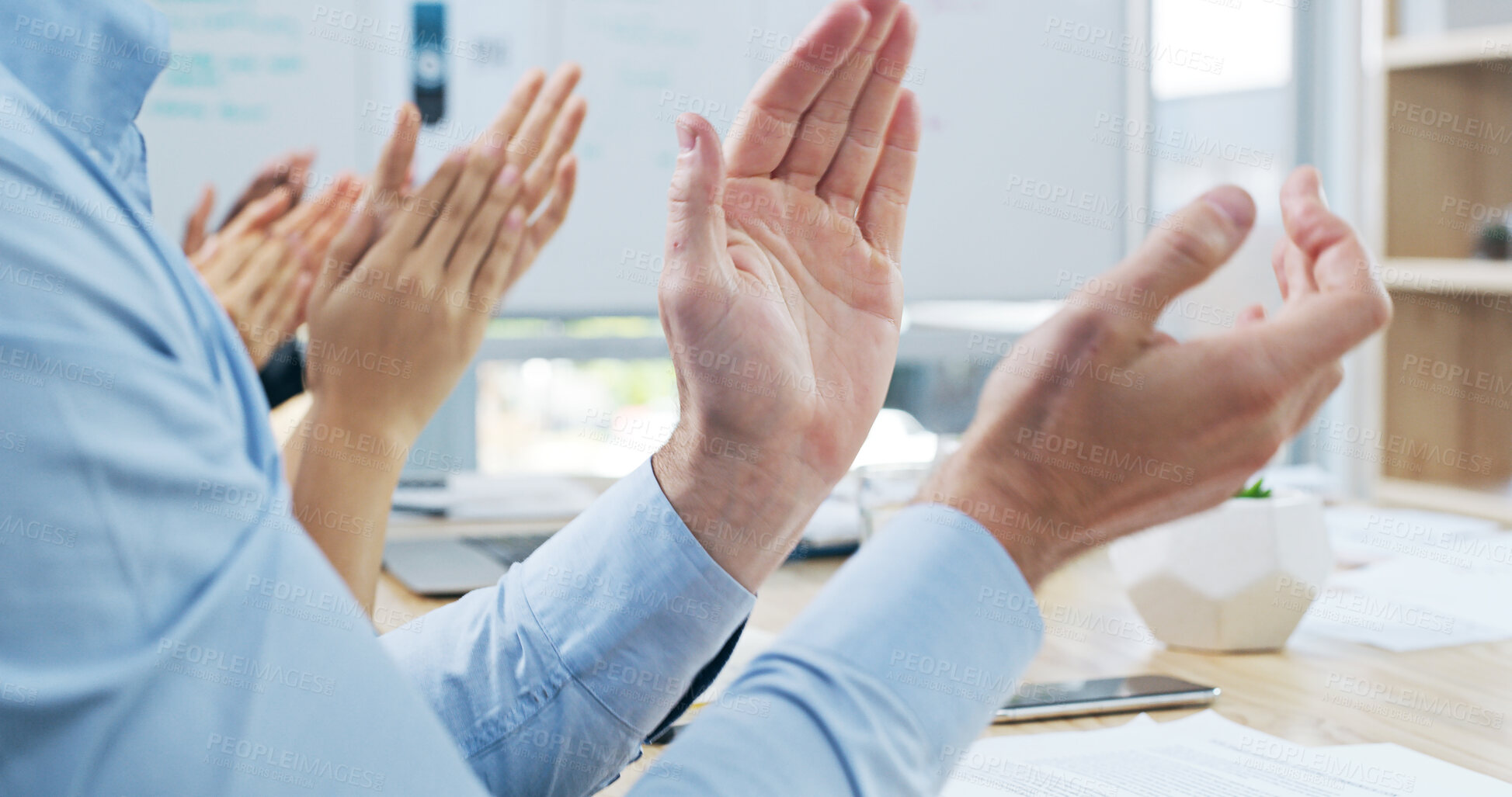 Buy stock photo Clapping, victory or presentation with hands of business people for support, success or celebration. Conference, winner or applause of audience for goal, motivation and awards for target achievement 