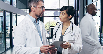 Buy stock photo Healthcare, tablet and question with doctors in hospital for collaboration, diagnosis or feedback. Consulting, medical and stethoscope with professional medicine people in private clinic for report