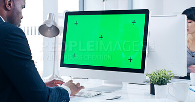 Buy stock photo Green screen, man and computer for copywriting, office and creative for press release, planning and digital. Tracking markers, copywriter and person with keyboard, market research and business