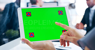 Buy stock photo Finger, green screen and tablet with business people in office for agenda, research or review. Display, hands and mockup space with tracking markers in professional workplace for web development