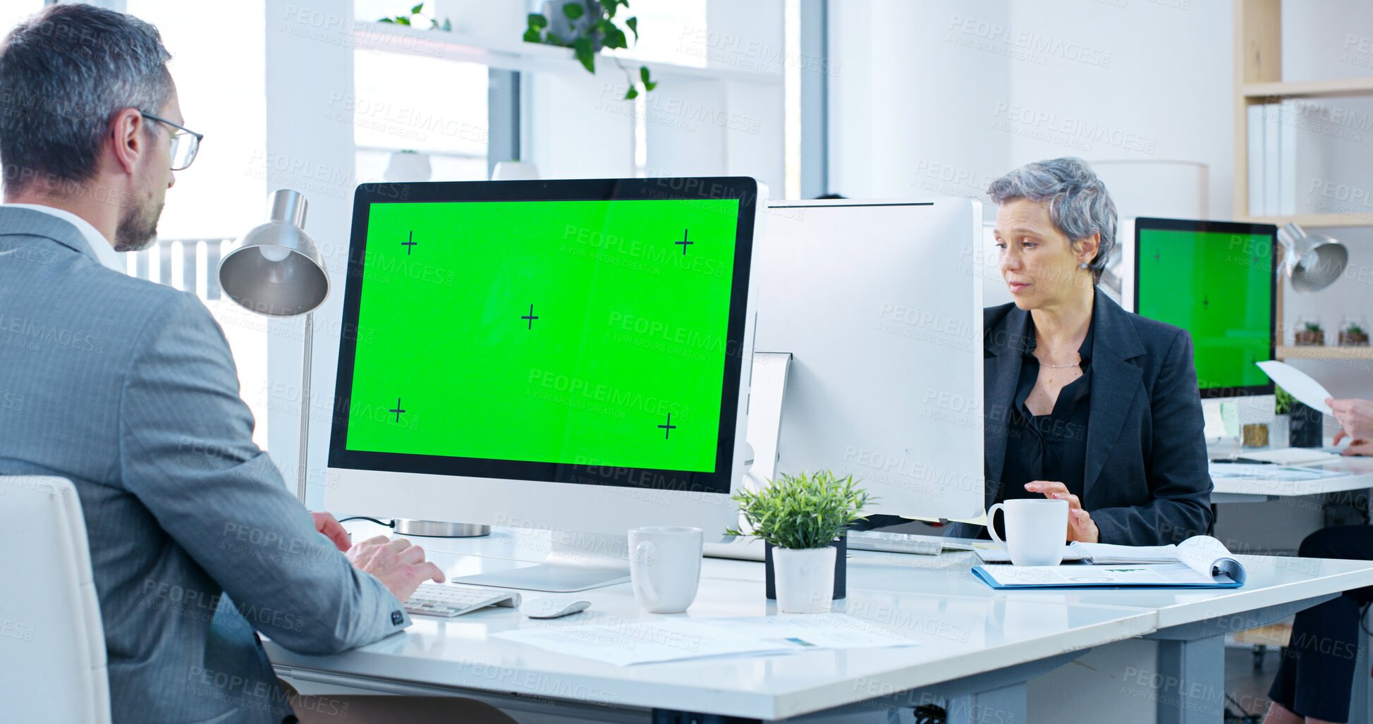 Buy stock photo Green screen, computer and business people in office with information for stock market. Technology, tracking markers and financial advisors on desktop for profit or revenue investment report.