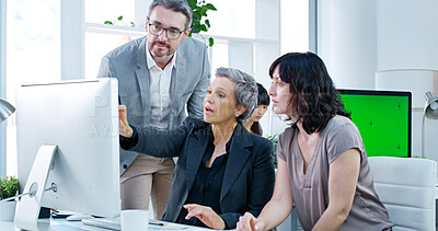 Buy stock photo Collaboration, computer and project management with business people in office together for training. Feedback, pointing and teaching with corporate employee group in workplace for development