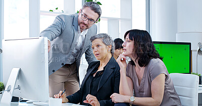 Buy stock photo Computer, feedback and pointing with business people in office together for collaboration or training. Coaching, management or teaching with professional employee group in workplace for development