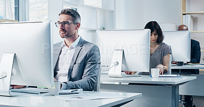 Buy stock photo Broker, office and mature businessman with computer for finance, research and debt management. Investment banker, coworking or advisor on pc at desk for career, financial consulting and report update