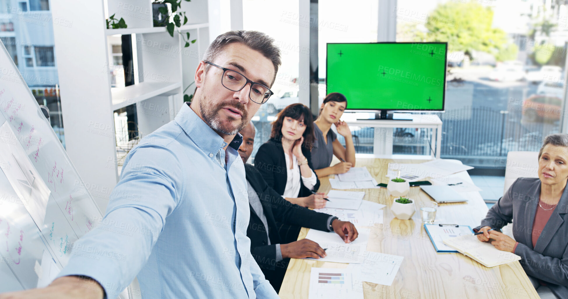 Buy stock photo Business people, presentation and computer with green screen for meeting in office with planning. Tracking markers, team and financial advisors in discussion for company finance profit report.