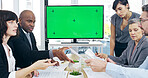 Green screen, meeting and monitor with business people in office for planning, workshop or tracking markers. Strategy, documents and market forecast with employee in agency for revenue projections
