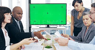 Buy stock photo Green screen, meeting and monitor with business people in office for planning, workshop or tracking markers. Strategy, documents and market forecast with employee in agency for revenue projections