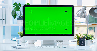 Buy stock photo Green screen, business and website with computer in office for research, communication or tracking marker. Administration, audit and financial firm with technology in empty room for digital and email