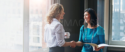 Buy stock photo Happy, business women or meeting with handshake for contract, partnership or legal agreement at office. Female people, lawyers or shaking hands on banner with smile for onboarding deal at workplace