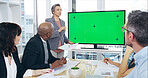 Green screen, meeting and presentation with business people in boardroom of office for development. Display, mockup space and tracking markers in corporate workplace for coaching or upskill training