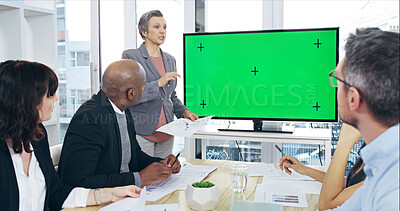 Buy stock photo Green screen, meeting and presentation with business people in boardroom of office for development. Display, mockup space and tracking markers in corporate workplace for coaching or upskill training