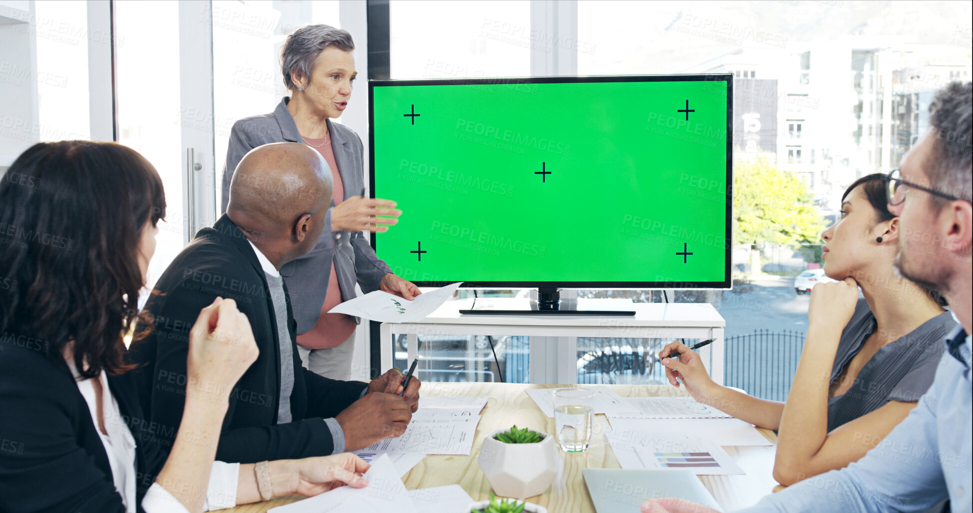 Buy stock photo Business, people and presentation with green screen in office for finance forecasting or company sales statistics. Mockup space, speaker or team in meeting for investment profit with tracking markers