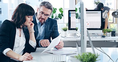 Buy stock photo Computer, documents and feedback with business people in office together for collaboration or training. Coaching, learning or management with mentor man and woman employee at work for development