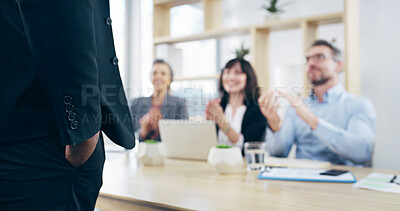 Buy stock photo Clapping, speaker or presentation with hands of business people for support, success or celebration. Conference, winner or applause of audience for goal, motivation or victory for target achievement