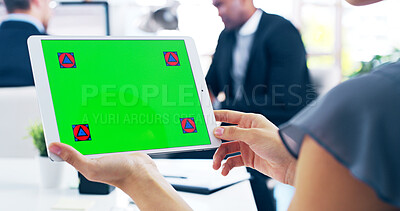 Buy stock photo Green screen, hands and tablet with business people in office for agenda, research or review. Display, mockup space and tracking markers with professional employee in workplace for web development