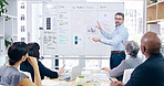 Presentation, discussion and businessman with whiteboard in office for project analysis with team. Meeting, collaboration and speaker with employees for checklist with corporate workshop training.