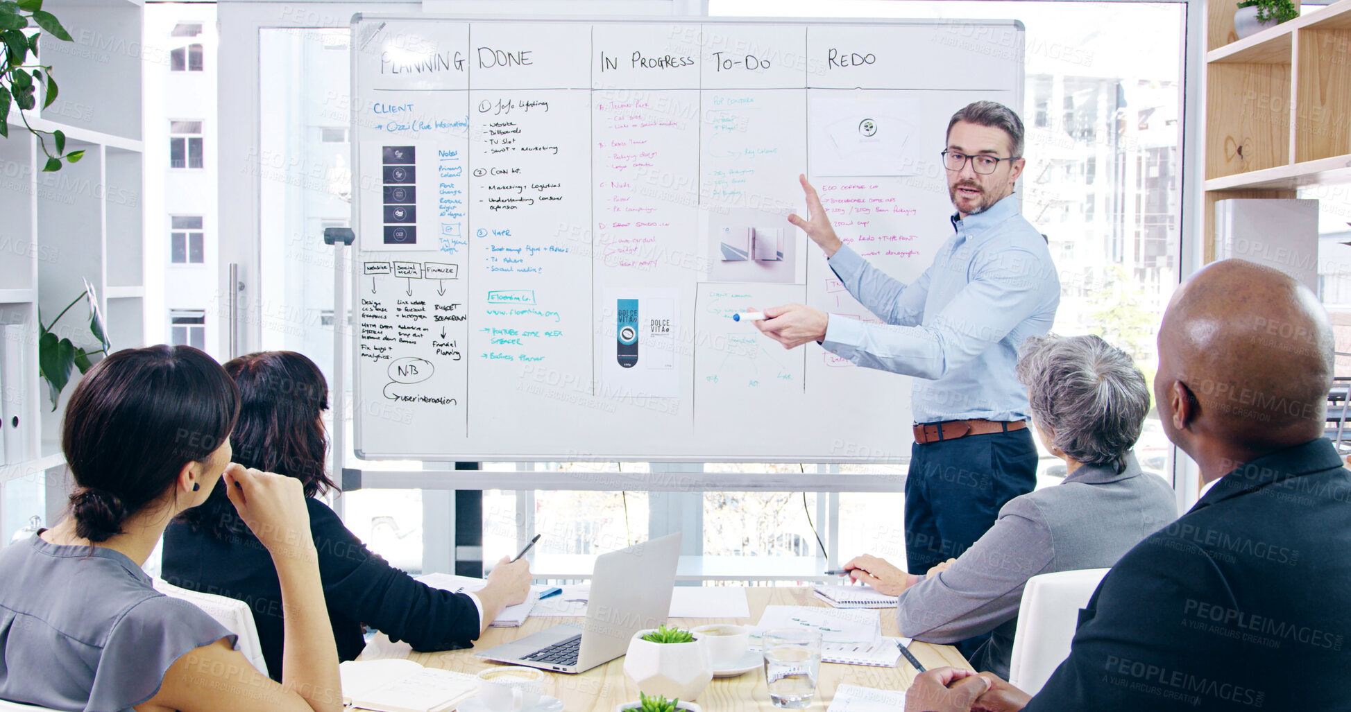 Buy stock photo Presentation, discussion and businessman with whiteboard in office for project analysis with team. Meeting, collaboration and speaker with employees for checklist with corporate workshop training.