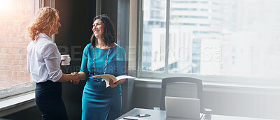 Buy stock photo Business women, meeting and handshake with banner at office for partnership, greeting or introduction. Female people, employees or lawyers shaking hands for teamwork or legal agreement at workplace