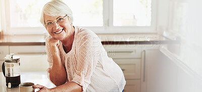 Buy stock photo Senior woman, coffee and portrait in kitchen for relax, morning caffeine and comfort in home banner. Elderly person, glasses and happy for retirement with self care, warm beverage and peace at space