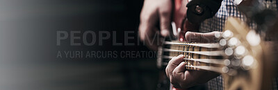 Buy stock photo Mockup space, guitar and hands of person in studio for music, song and track for acoustic concert. Artist, musician and banner of performer with instrument for talent, performance or creative skills