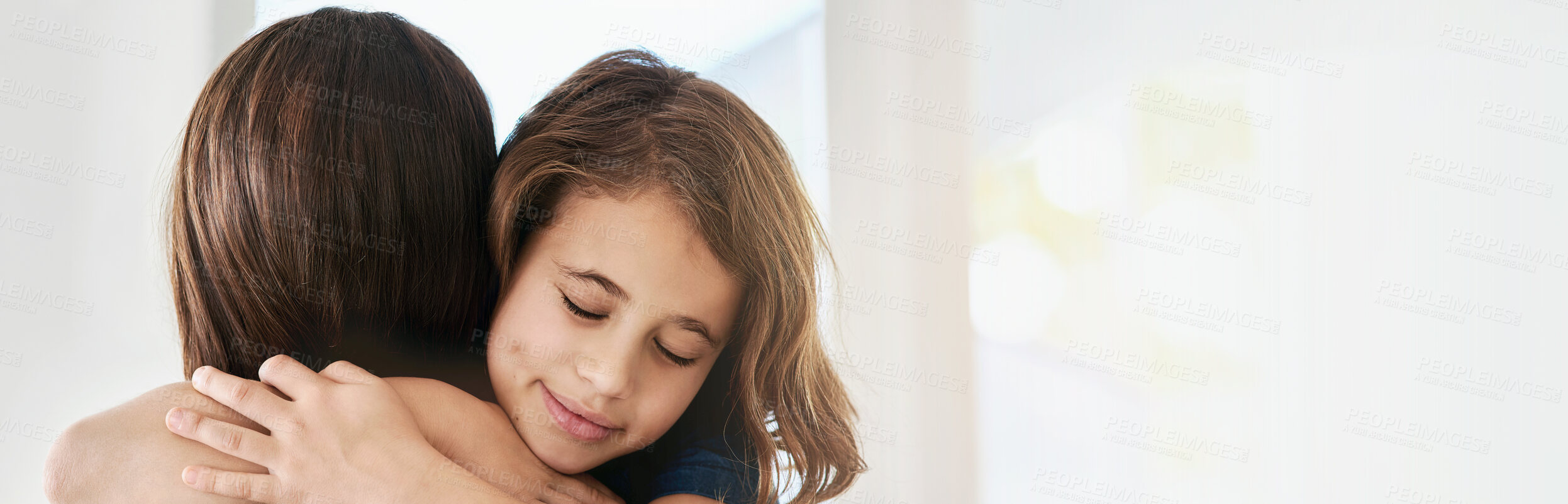 Buy stock photo Hug, love and child with mother in home with mockup space for bonding, care and family time. Smile, connection and girl kid embracing mom for comfort, support and happiness in house together.