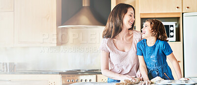 Buy stock photo Baking, mother and daughter in kitchen, love and smile with happiness, bonding together and hobby. House, family and parent with girl, child and recipe with humor, funny and cheerful with ingredients
