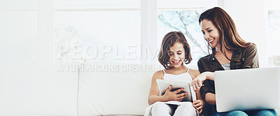 Buy stock photo Remote work, mother and child with tablet in home for learning support, online education and help with app. Banner, happy girl and woman with laptop on sofa for freelancing, bonding and mockup space