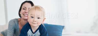 Buy stock photo Mother, baby and portrait with smile in home for playing, child development and protection with banner. Space, woman and relax with kid for safety, support and bonding together in bedroom with love