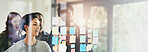 Idea, window and business people in meeting in office for brainstorming, discussion and planning. Creative company, startup and men and women with sticky notes for teamwork, research and project