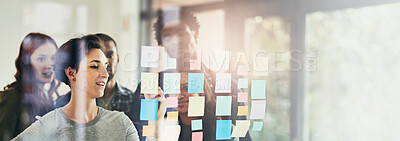 Buy stock photo Idea, window and business people in meeting in office for brainstorming, discussion and planning. Creative company, banner and men and women with sticky notes for teamwork, research and project