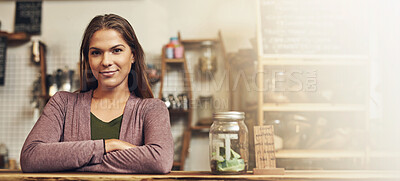 Buy stock photo Cafe, portrait and and woman with business owner, retail and barista with confidence. Banner, about us and welcome to restaurant, store or coffee shop with arms crossed and we are hiring mockup