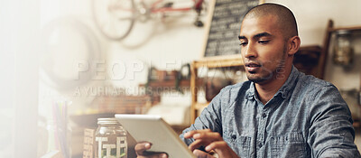 Buy stock photo Inventory, space and tablet with man in coffee shop for management of small business or stock. Cafe, startup or restaurant with employee person at work for hospitality or service as store owner