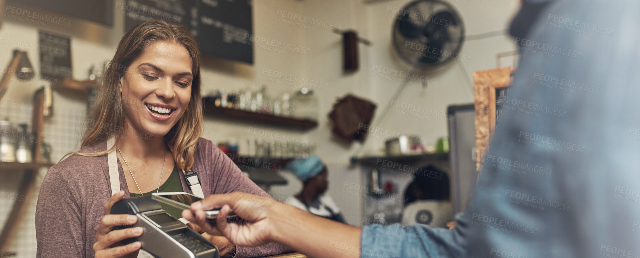 Buy stock photo Payment, cafe and card machine with cashier, sale and customer with technology and smile. Mobile app, service and small business with checkout, pos and online to pay for order in diner or restaurant