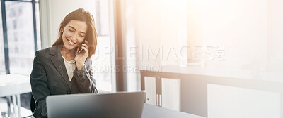 Buy stock photo Business, woman and laptop with phone call in office for investment negotiation, contract deal and networking. Accountant, employee and talking to contact for portfolio management and report feedback